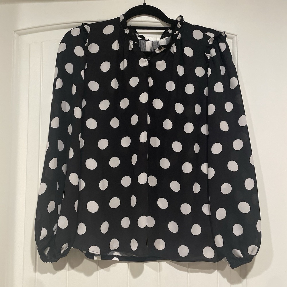 Loft Women's Black Polka Dot Long Sleeve Blouse Size Petite Large - Picture 1 of 7